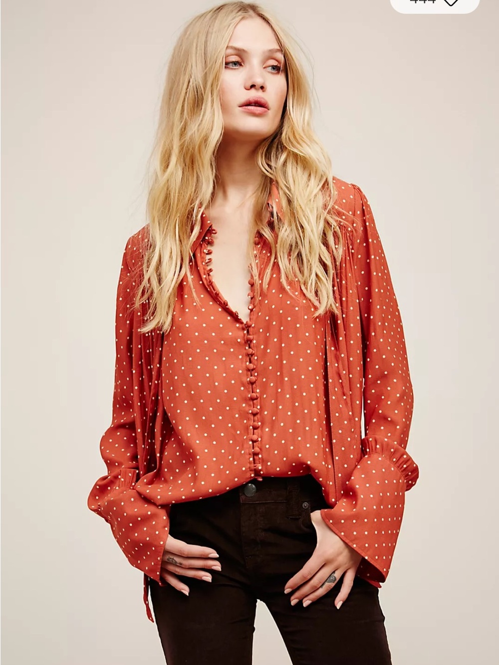 Free People New World Rust Dotted Ruffle-Trim Covered Button Oversized Blouse S
